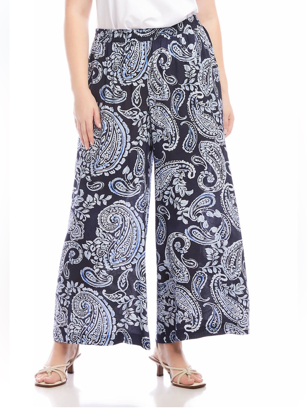Karen Kane Navy and Light Blue Paisley Wide-Leg Pants